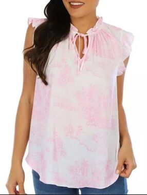 Cupcake And Cashmere Pink White Romantic Toile Print Cap Sleeve Blouse | XSmall